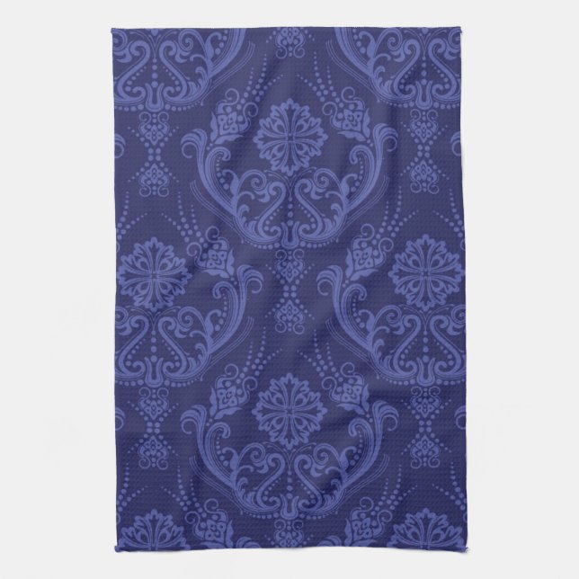 Linge De Cuisine Papier peint bleu damassé fleuri (Vertical)
