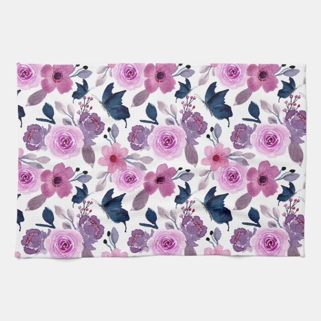 Linge De Cuisine Papillon aquarelle et fleurs roses (Horizontal)