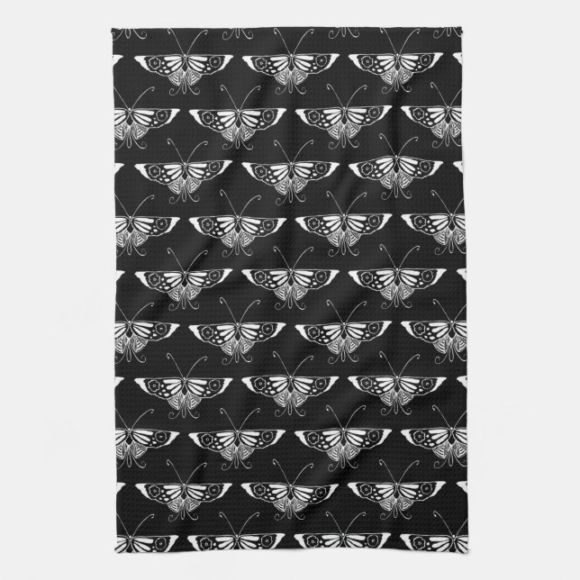 Linge De Cuisine Papillon déco stylisé - noir et blanc (Vertical)