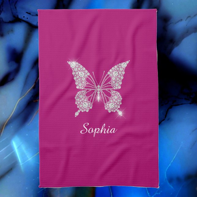 Linge De Cuisine Papillon Diamant Blanc, Nom de Script, Fuchsia Pro (Créateur téléchargé)