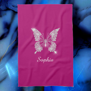 Linge De Cuisine Papillon Diamant Blanc, Nom du script, Fuchsia pro
