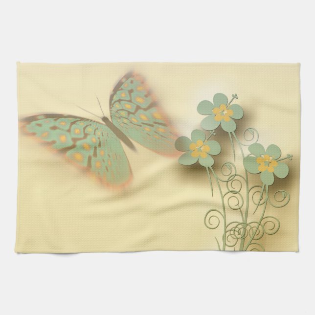 Linge De Cuisine Papillon et fleurs de fantaisie (Horizontal)