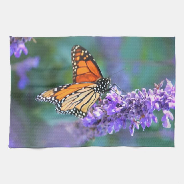 Linge De Cuisine Papillon Monarque sur Fleur violette lilas (Horizontal)