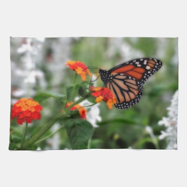 Linge De Cuisine Papillon Monarque sur Orange et Lantana Rouge (Horizontal)