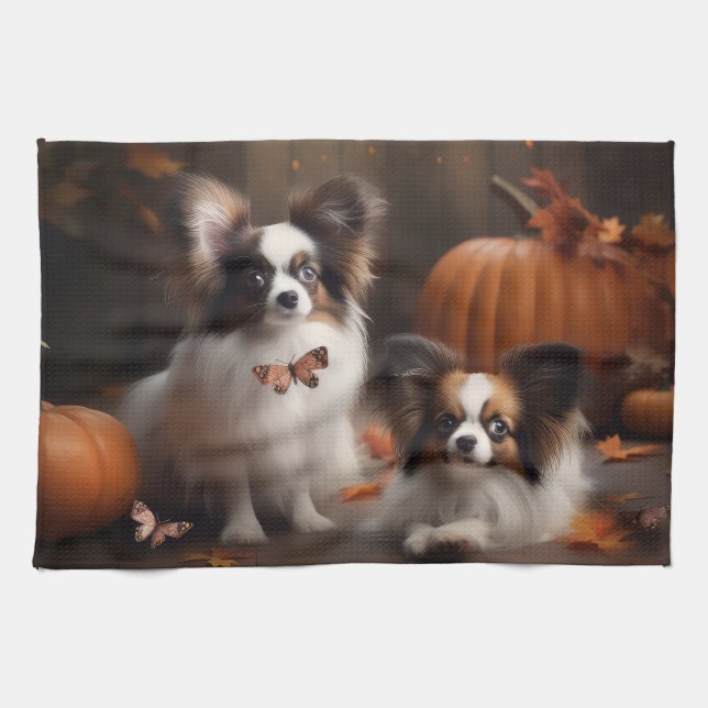 Linge De Cuisine Papillon Puppy Automne Citrouille de plaisir (Horizontal)
