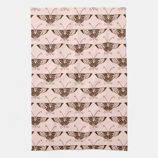 Linge De Cuisine Papillon stylisé Art Déco - chocolat et pêche (Vertical)