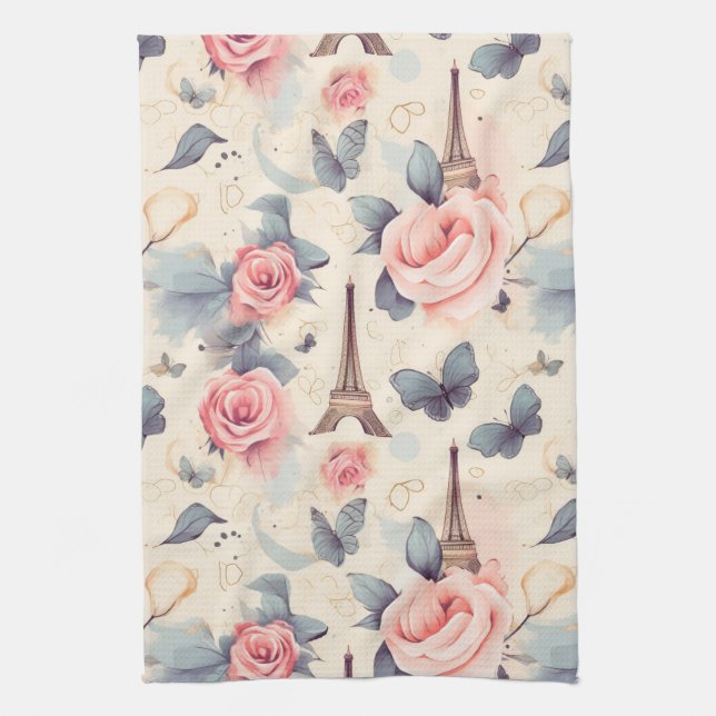 Linge De Cuisine Papillon Tour Eiffel et Motif Rose (Vertical)
