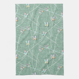 Linge De Cuisine Papillons à l'aquarelle sur fond vert menthe