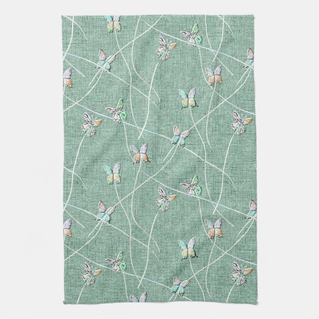 Linge De Cuisine Papillons à l'aquarelle sur fond vert menthe  (Vertical)