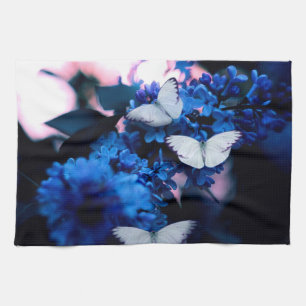 Linge De Cuisine Papillons blancs Fleurs bleues, papillon
