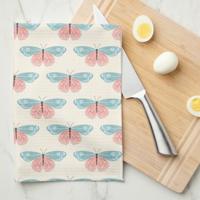 Linge De Cuisine Papillons Boho Sur Fond Jaune Clair (Quart Plié)