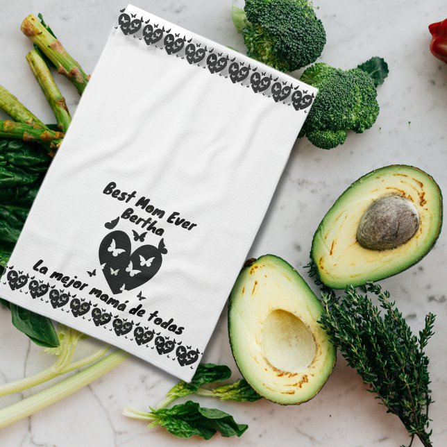 Linge De Cuisine Papillons & Coeur Nom personnalisé, Blanc bilingue (Bilingual mother's day best mom ever la mejor mamá de todas custom name towel multilingual project)