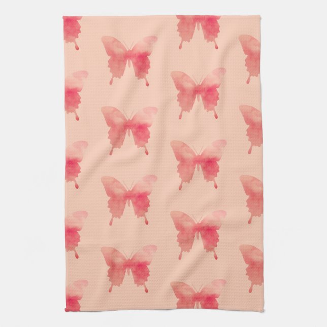 Linge De Cuisine Papillons d'aquarelle - Corail et Pêche (Vertical)