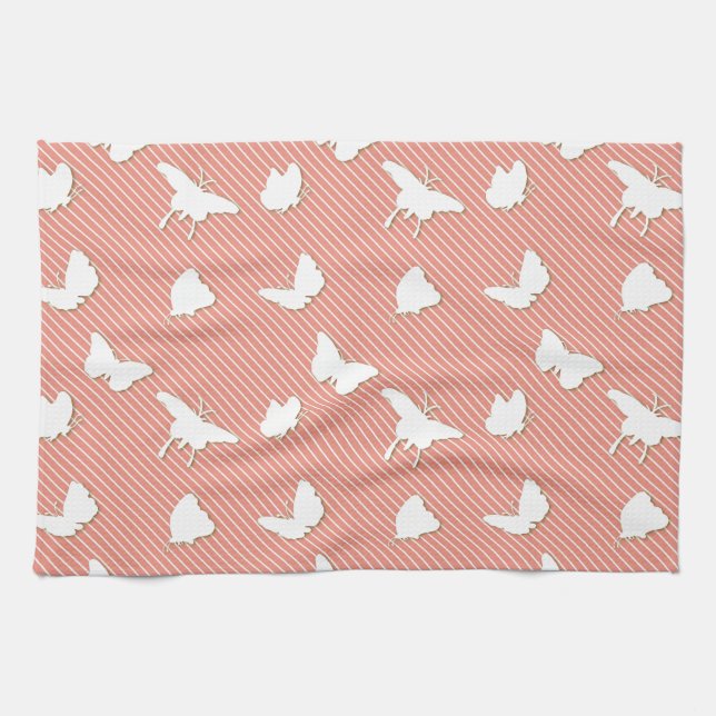 Linge De Cuisine Papillons et rayures fines - blanc sur pêche (Horizontal)
