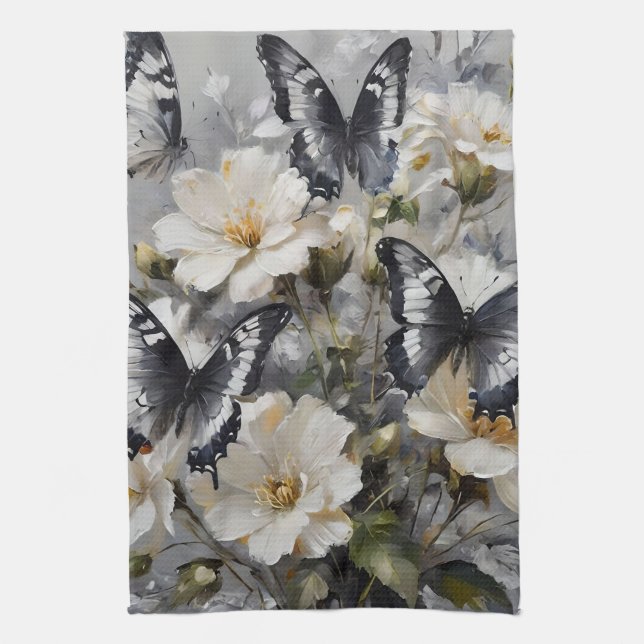 Linge De Cuisine Papillons Noir Et Blanc Sur Fleurs Blanches, (Vertical)