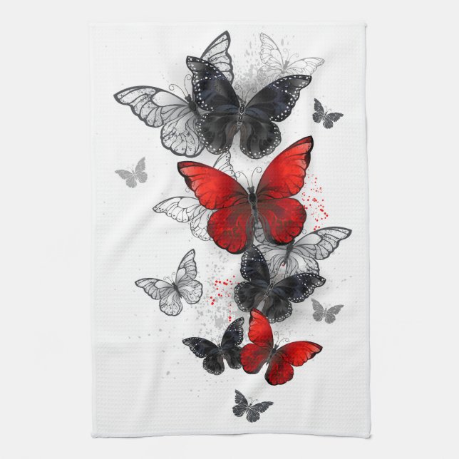Linge De Cuisine Papillons noirs et rouges volants (Vertical)