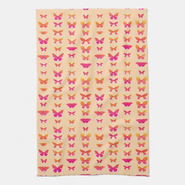 Linge De Cuisine Papillons, orange tendre, rose corail, or (Vertical)