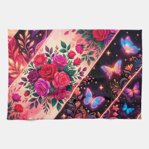 Linge De Cuisine Papillons, rêves floraux et élégance dorée