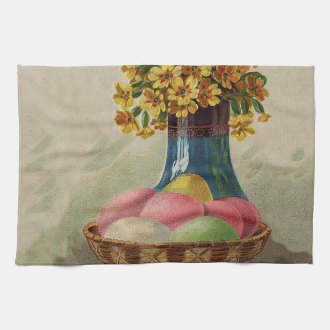 Linge De Cuisine Pâques Panier Œufs Fleurs Antique (Horizontal)