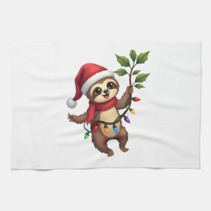 Linge De Cuisine Paresseux de lumières de Noël portant un chapeau d
