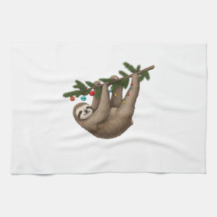 Linge De Cuisine Paresseux joyeux sur une branche d'arbre de Noël a