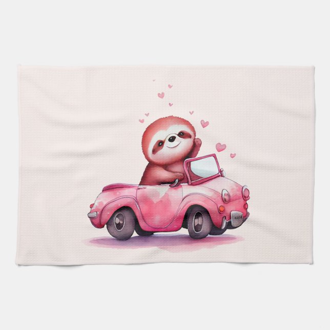 Linge De Cuisine Paresseux mignon dans une décapotable rose (Horizontal)
