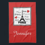 Linge De Cuisine Paris<br><div class="desc">Illustration de design de texte parisien avec tour Eiffel et décoration de coeurs rouges en carré noir et blanc sur arrière - plan rouge</div>