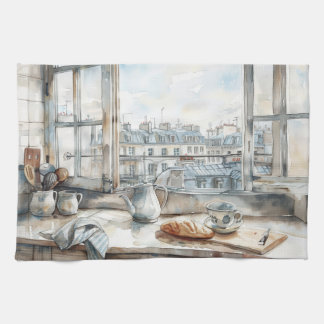 Linge De Cuisine Paris Apartment Kitchen Watercolor with Rooftop Vi
