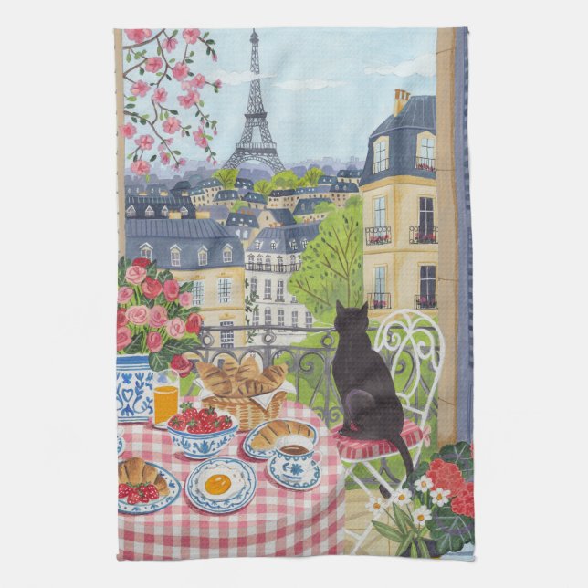 Linge De Cuisine Paris Balcony Cat Breakfast Eiffel Tower Tea Towel (Vertical)