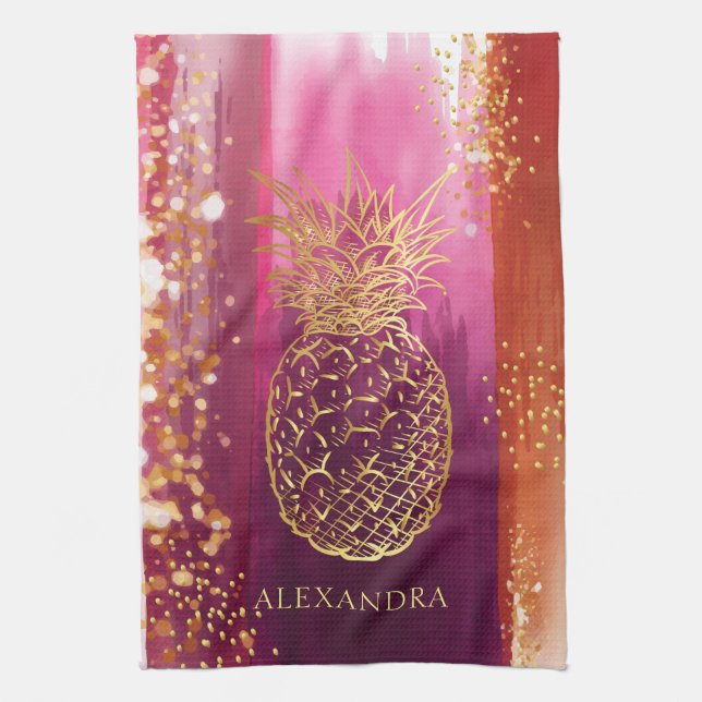 Linge De Cuisine Parties scintillant d'ananas rose personnalisée (Vertical)