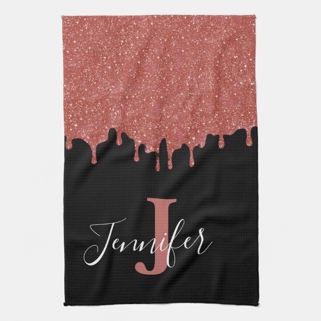 Linge De Cuisine Parties scintillant de Monogramme rose et noir cha (Vertical)