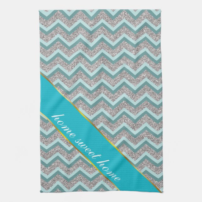 Linge De Cuisine Parties scintillant en argent et ZigZag Turquoise (Vertical)