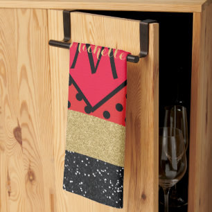 Linge De Cuisine Parties scintillant rouge Noir Brush Stroke Monogr