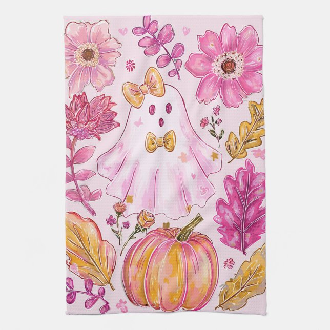 Linge De Cuisine Pastel Pink Halloween Ghost with Flowers and Pumpk (Vertical)