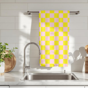 Linge De Cuisine Pastel Rose Jaune À damiers damier Vintage