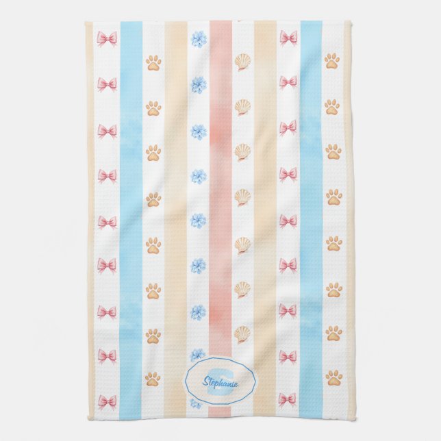 Linge De Cuisine Pastel Stripe - Empreintes de pattes, Fleur Bleue, (Vertical)