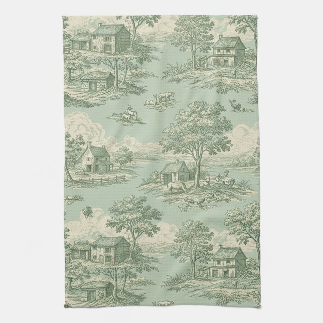 Linge De Cuisine Pastoral Sage Green Toile Countryside Farm Scene 1 (Vertical)