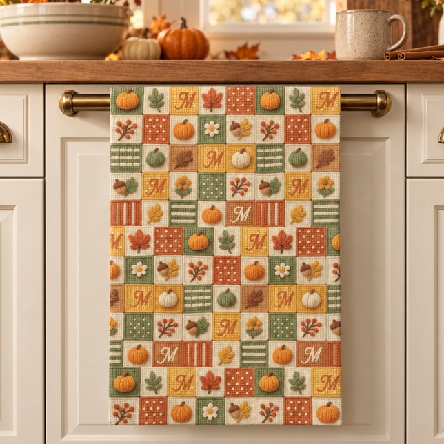 Linge De Cuisine Patchwork Automnal Citrouille Monogramme Rustique (Créateur téléchargé)