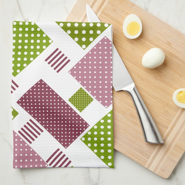 Linge De Cuisine Patchwork brun vert pois dos blanc (Quart Plié)