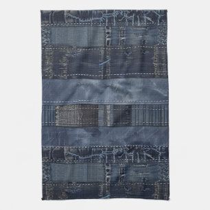 Linge De Cuisine Patchwork en Denim Indigo Rustique