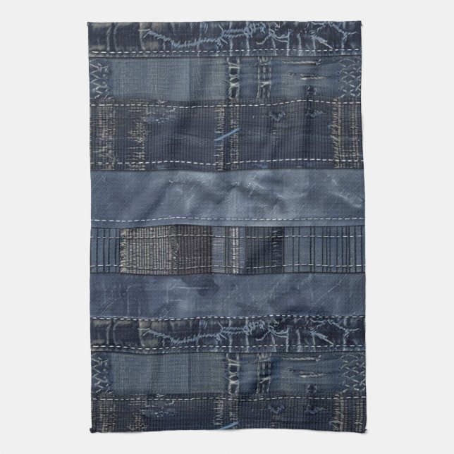 Linge De Cuisine Patchwork en Denim Indigo Rustique (Vertical)