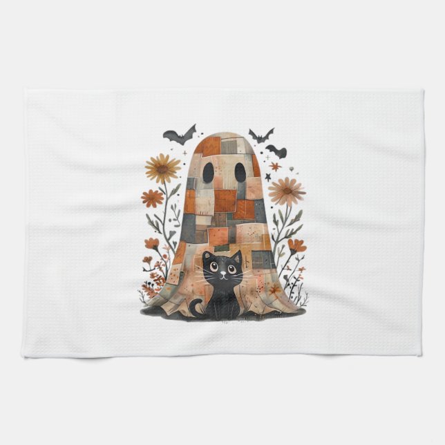 Linge De Cuisine Patchwork Halloween Fantôme et Chat, Rétro Épouvan (Horizontal)