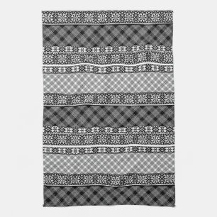 Linge De Cuisine Patchwork rayé noir et blanc avec dentelle