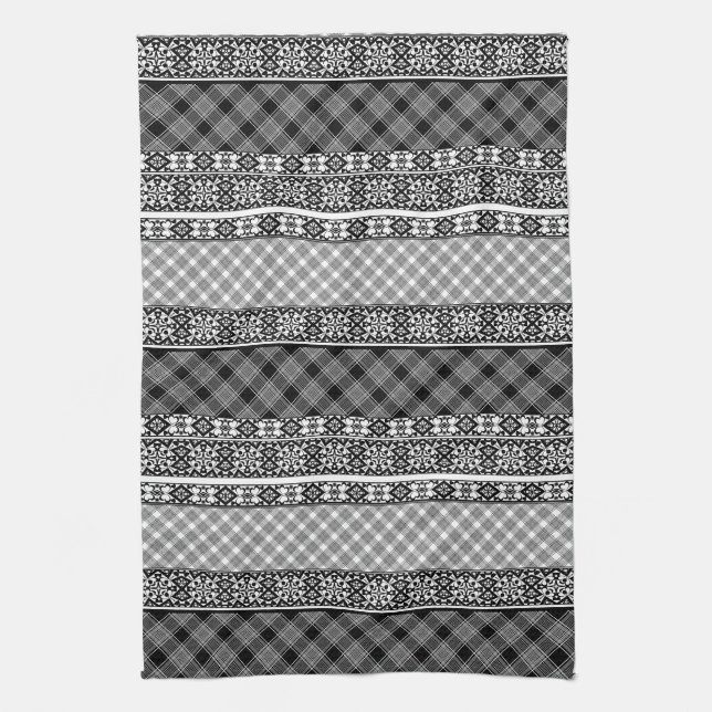 Linge De Cuisine Patchwork rayé noir et blanc avec dentelle (Vertical)