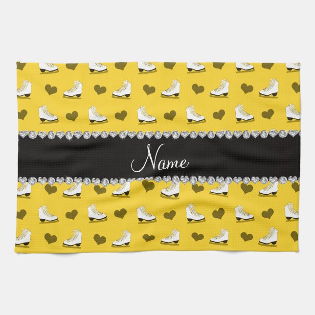 Linge De Cuisine Patins et coeurs jaunes nommés faits sur commande (Horizontal)