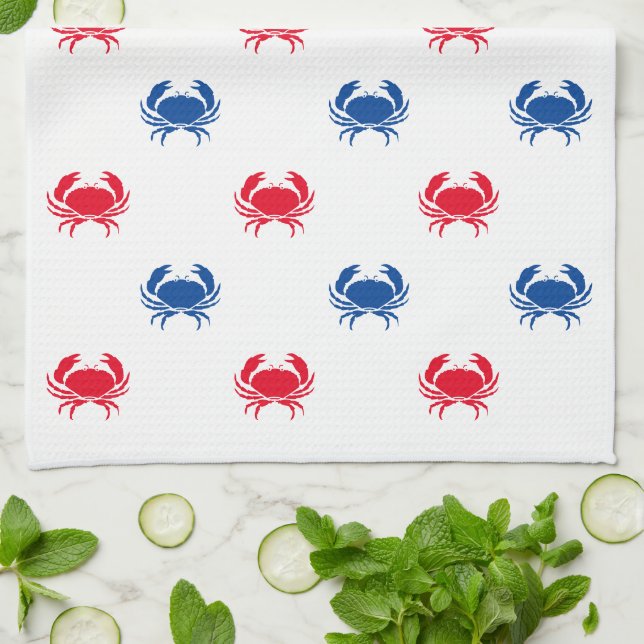 Linge De Cuisine Patriotique motif de crabe rouge blanc et bleu (Plié)