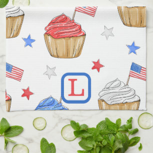 Linge De Cuisine Patriotique Rouge Blanc Bleu Drapeau Cupcakes Mono