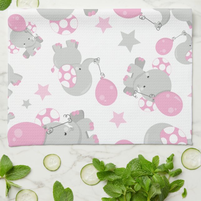 Linge De Cuisine Pattern of Elephants, Cute Elephants - Pink Gray (Plié)