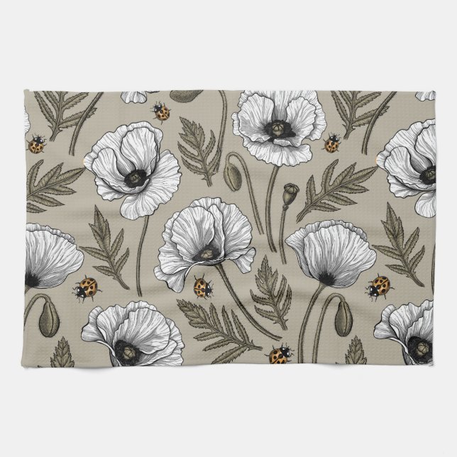 Linge De Cuisine Pavot blanc et coccinelle (Horizontal)