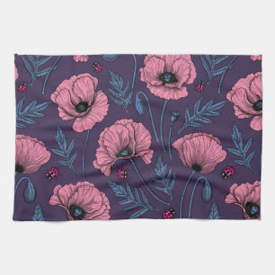 Linge De Cuisine Pavot rose sur violet foncé